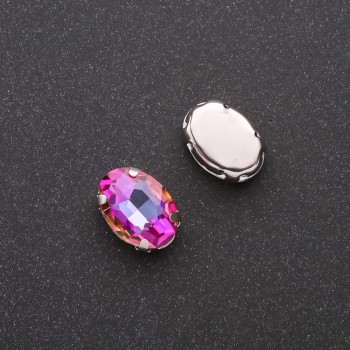 Preț pentru pachet /10 bucăți. Cristal cusut în capă ovală 10x14 mm, culoare zmeură-galbenă