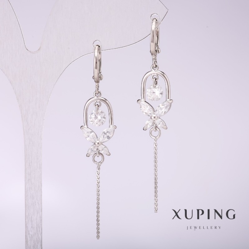 Cercei Xuping cu rodiu și pietre albe 55×10 mm