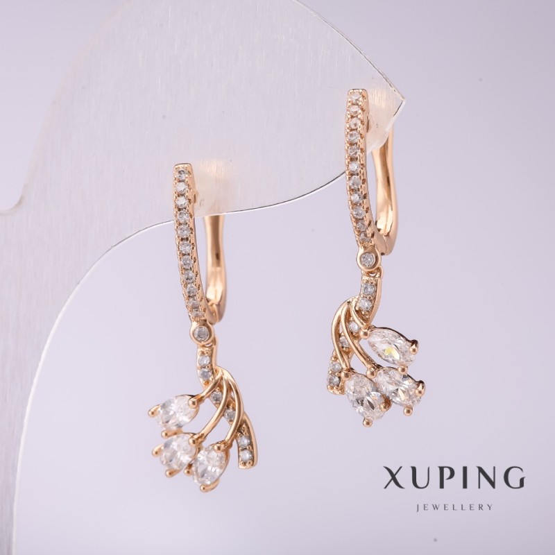 Cercei Xuping cu pietre albe, 32×12 mm, placare cu aur 18K