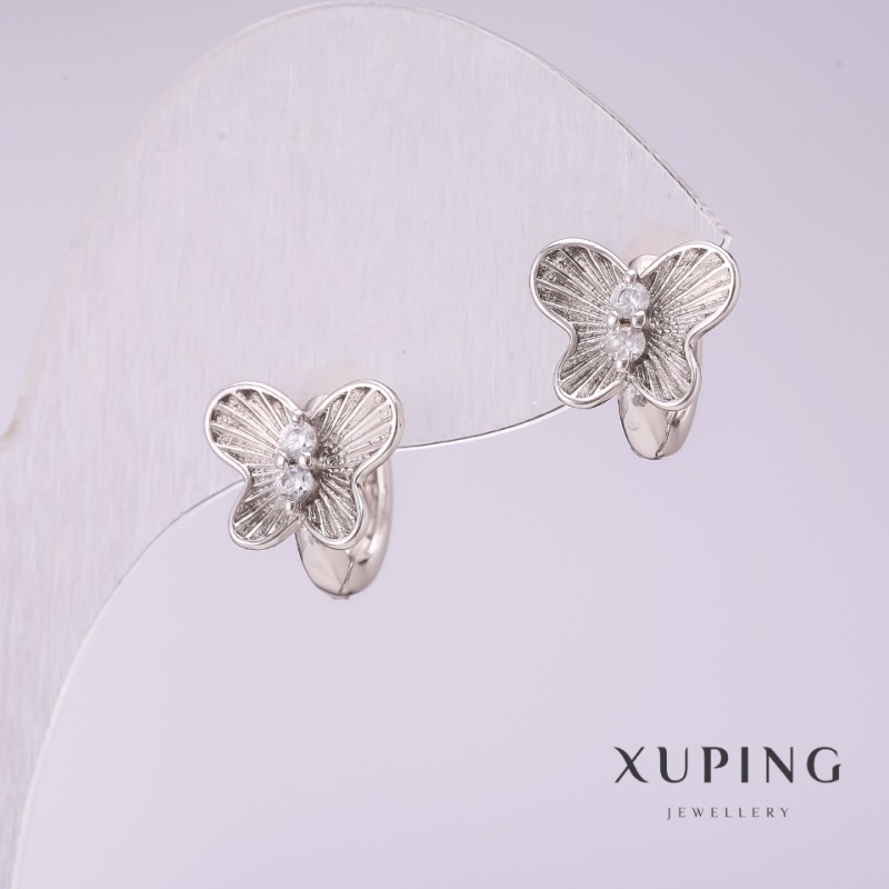 Cercei Xuping în formă de fluture cu strasuri albe, 10×10 mm, placare cu rodiu