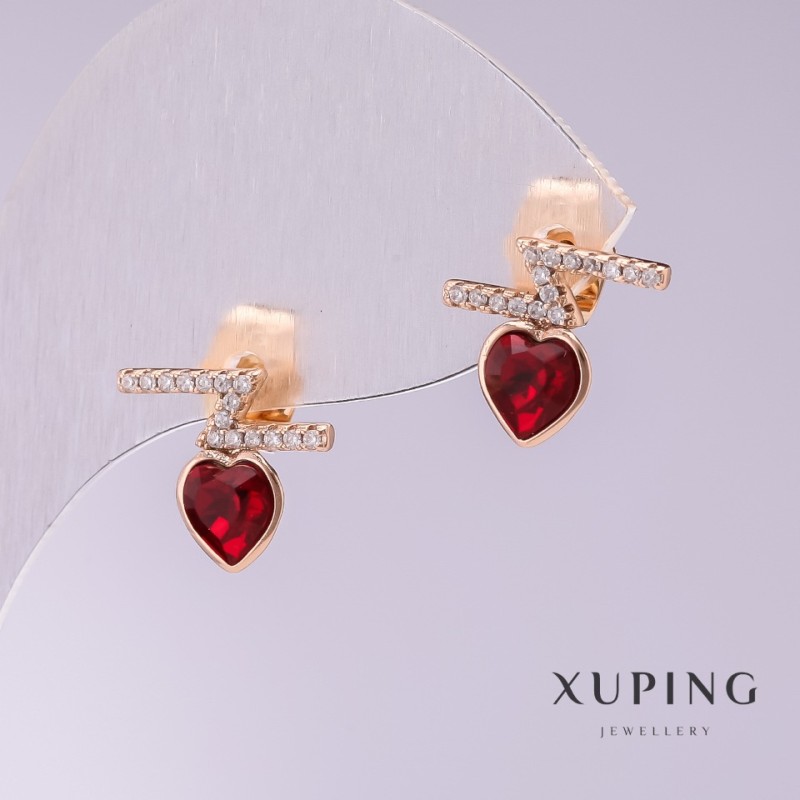 Cercei Xuping cu știfturi, în formă de inimă, cu pietre roșii, 12x11 mm, placare cu aur 18K