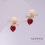 Cercei Xuping cu știfturi, în formă de inimă, cu pietre roșii, 12x11 mm, placare cu aur 18K