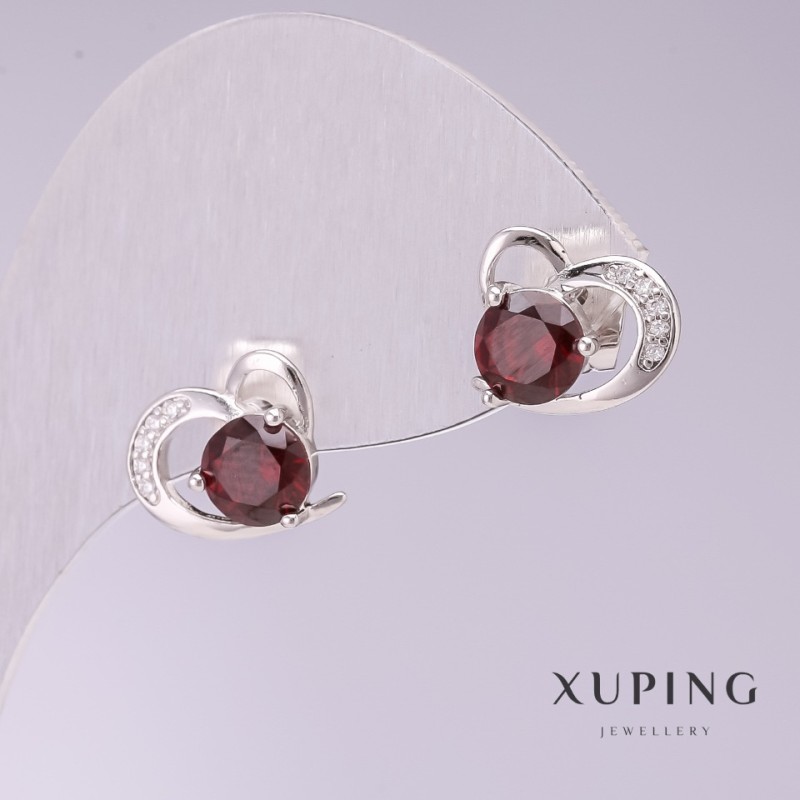 Cercei Xuping cu inimioare din pietre roșii, 10×12 mm, rodiu