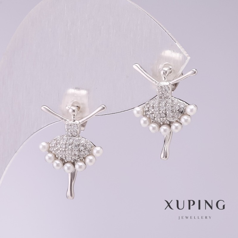 Cercei Xuping Balerină cu perle albe Mallorca 18×12 mm, placare rhodiată