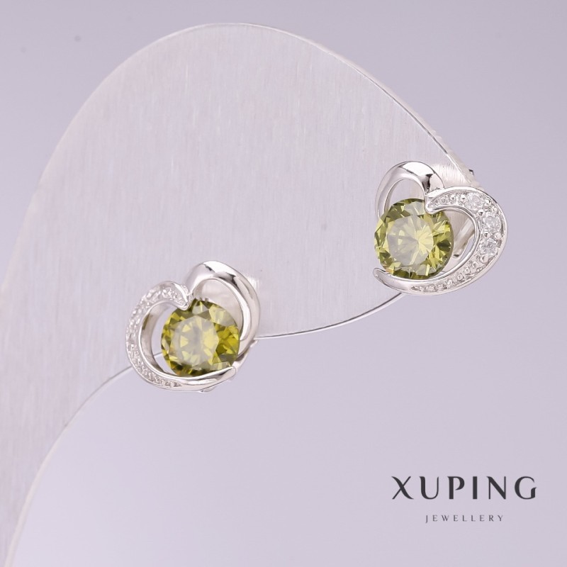 Cercei Xuping inimioare cu pietre verzi, 9x11 mm, placate cu rodiu