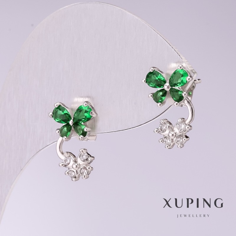 Cercei Xuping «Fluturi» cu pietre verzi, 15×9 mm, placare cu rodiu
