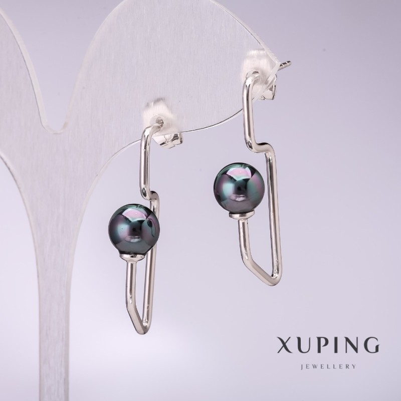 Cercei Xuping cu perle negre de Mallorca, 34×8 mm, rodiu
