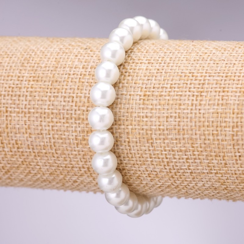 Brățară cu perle acrilice albe, diametrul 10 mm, lungimea 18 cm