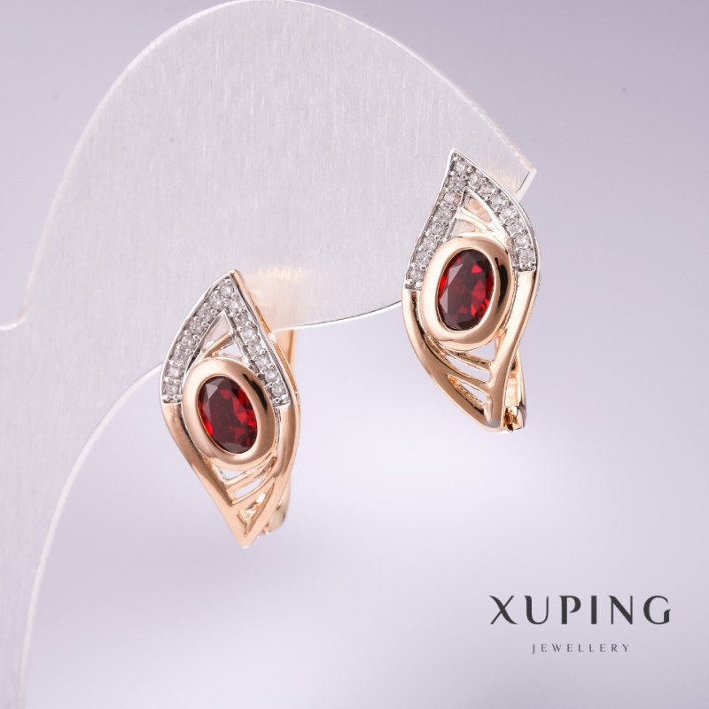 Cercei Xuping cu pietre roșii, 19×10 mm, rhodiu, placare cu aur 18K