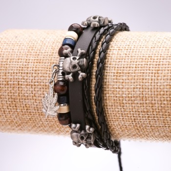 Brățară din piele ecologică cu cranii, reglabilă, lungime 18-24 cm, neagră