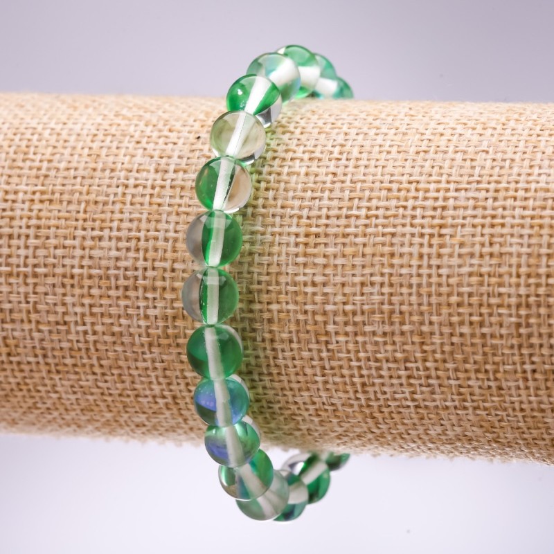 Brățară din sticlă opală verde, mărgele netede, diametrul de 8 mm, lungime 18 cm, pe elastic