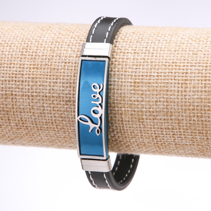 Brățară unisex Love din cauciuc albastru și placă din oțel, grosime 12 mm, lungime 20 cm