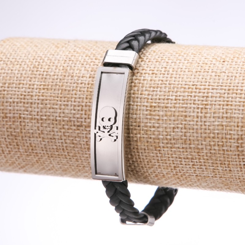 Brățară unisex cu craniu, din piele ecologică împletită, placă din oțel, grosime 12 mm, lungime 20 cm