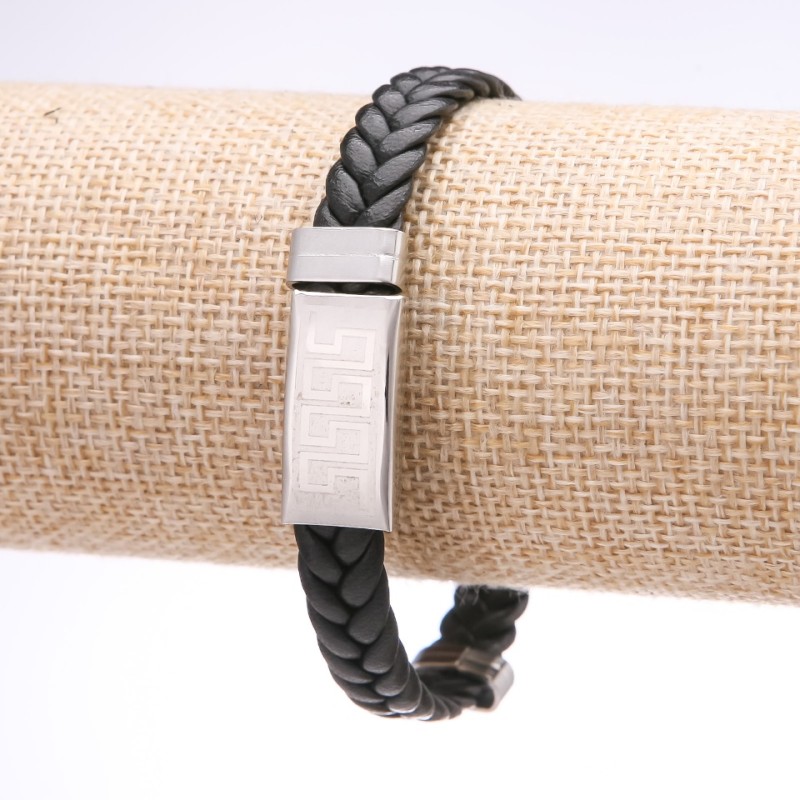 Brățară unisex cu ornament grec, din piele ecologică împletită, bandă de oțel, grosime 12 mm, lungime 20 cm