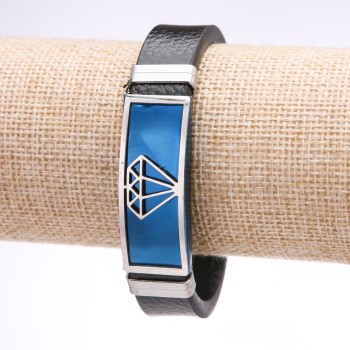 Brățară pentru bărbați Diamant, din piele ecologică albastră, cu placă din oțel lată, grosime 14–16 mm, lungime 20 cm