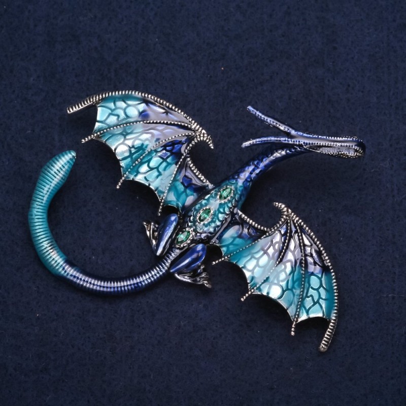 Broșă dragon albastru «Safiră» 79×72 mm