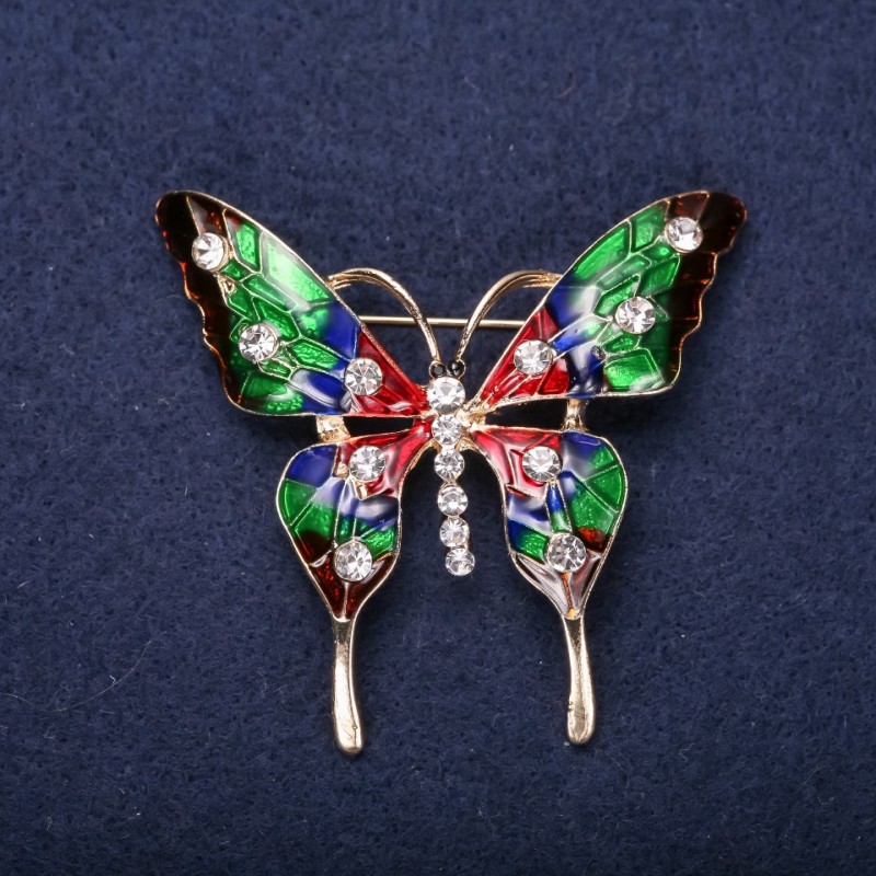 Broșă fluture cu cristale albe, email roșu, verde și bordo, 49×53 mm, metal auriu