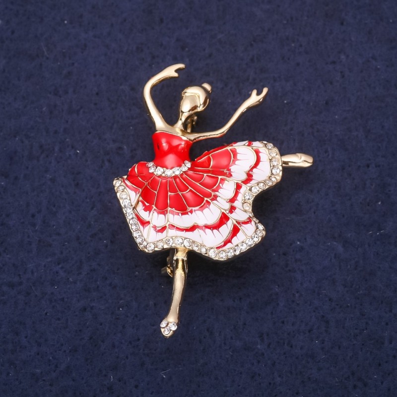 Broșă Balerină cu email roșu, metal galben, 50×34 mm