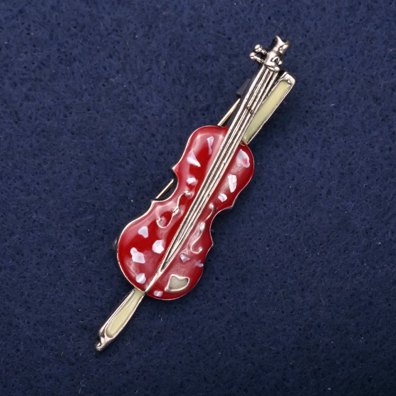 Broșă muzicală – Vioară, email bordo, 65×17 mm, metal auriu