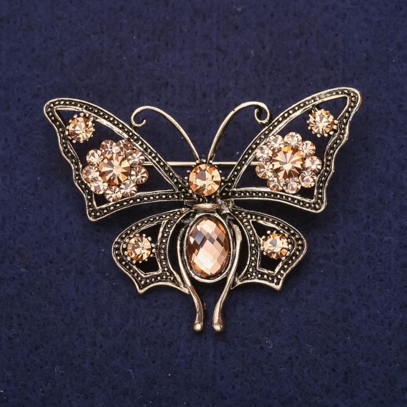 Broșă fluture cu cristale de culoare șampanie, 54×40 mm, metal galben