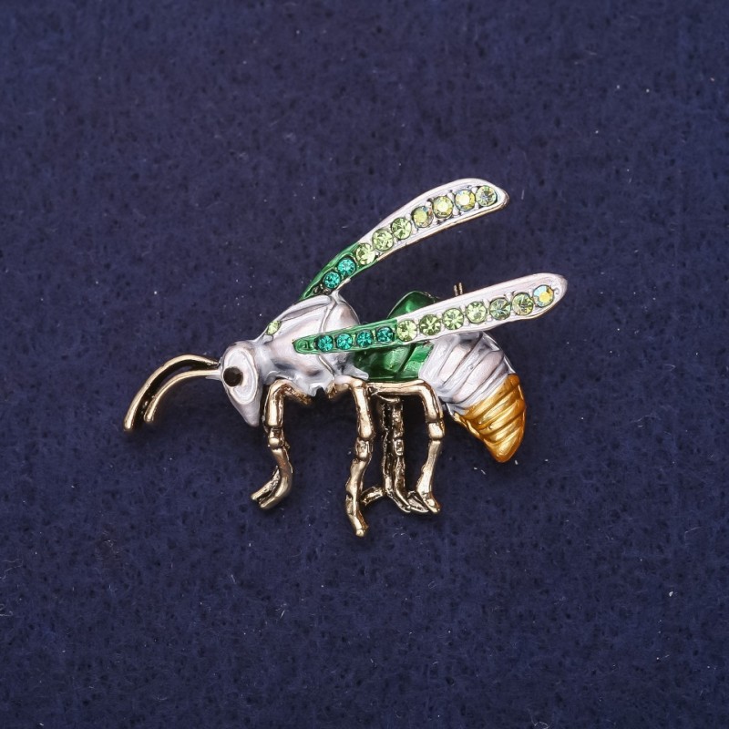 Broșă viespe cu cristale, email, culoare gri, verde, auriu, 42×32 mm, metal galben