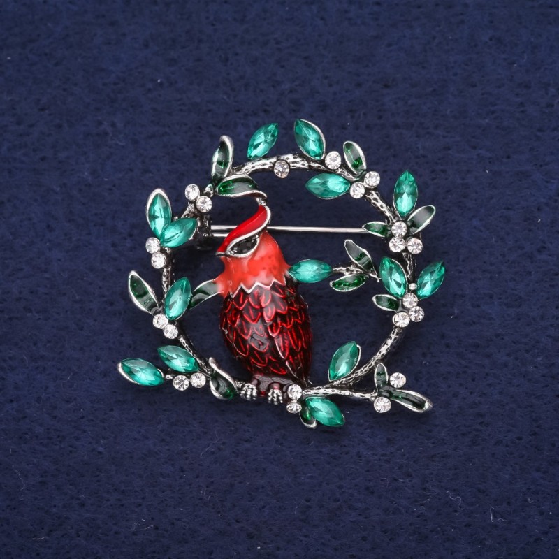 Broșă Pasăre pe ramură, paiete, email, culoare roșu, verde, bordo, 38x40 mm, metal argintiu