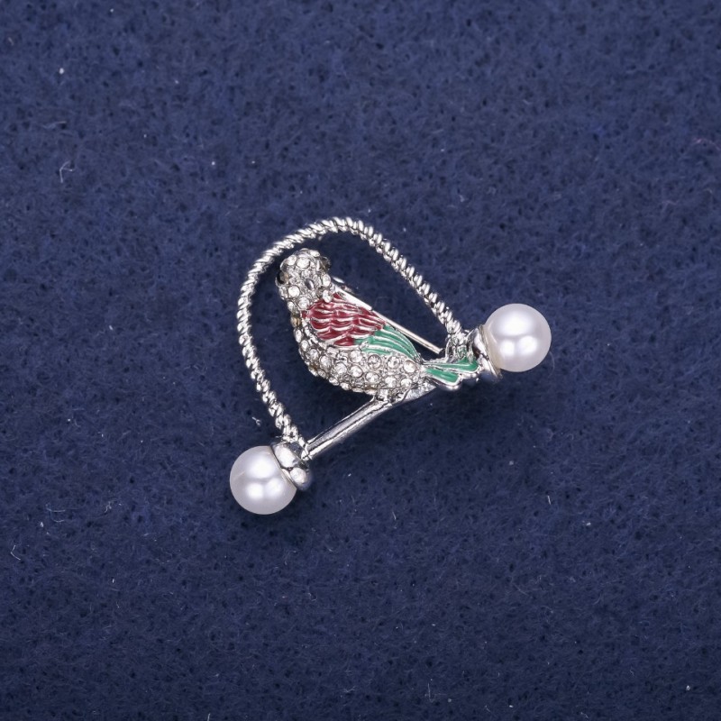 Broșă Pasăre cu strasuri, culoare verde bordo, 32×23 mm, metal argintiu