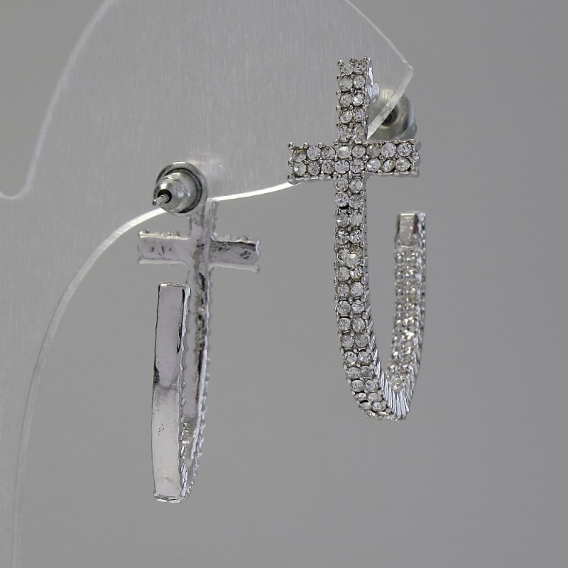 Cercei cu știft, semi-ineluțe în formă de cruce / cu strasuri / metal argintiu / 35 × 7 mm