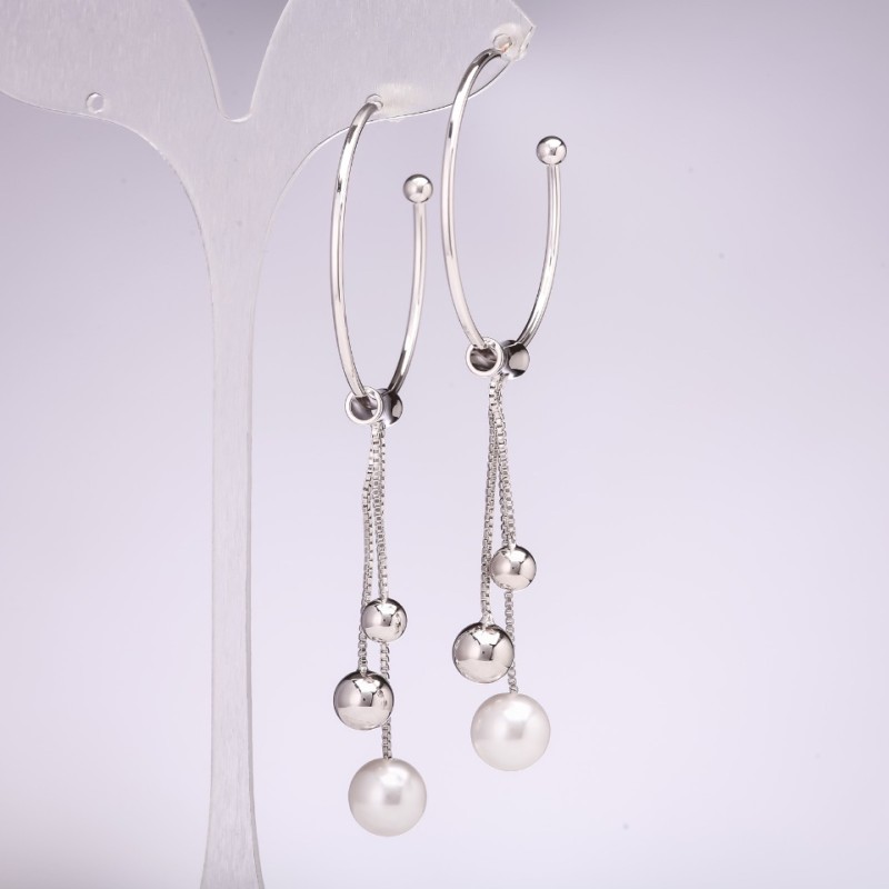 Cercei-inele cu pandantive, serie 925, mărgele albe, culoare albă, 95×2 mm, metal argintiu