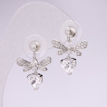 Cercei stud cu fluturi, seria 925, cu strasuri, culoare albă, 23×17 mm, metal argintiu