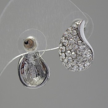 Cercei stud cu cristale albe, 12x18 mm, metal argintiu