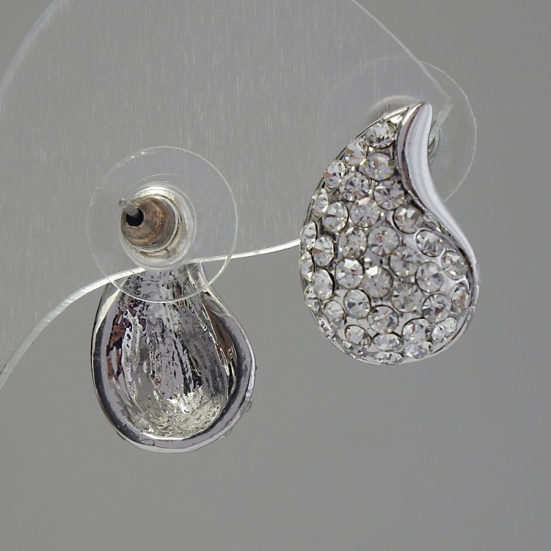 Cercei stud cu cristale albe, 12x18 mm, metal argintiu