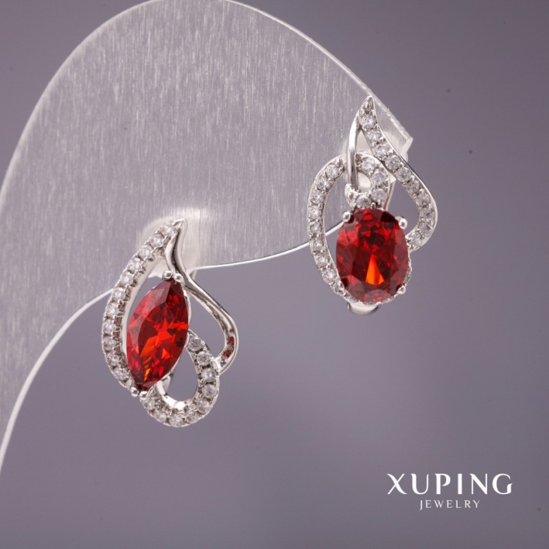 Cercei Xuping asimetrici cu piatră roșie, 18x11 mm, rodiu