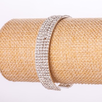 Brățară cu strasuri, închidere cu clemă, cinci rânduri, strasuri albe, metal alb