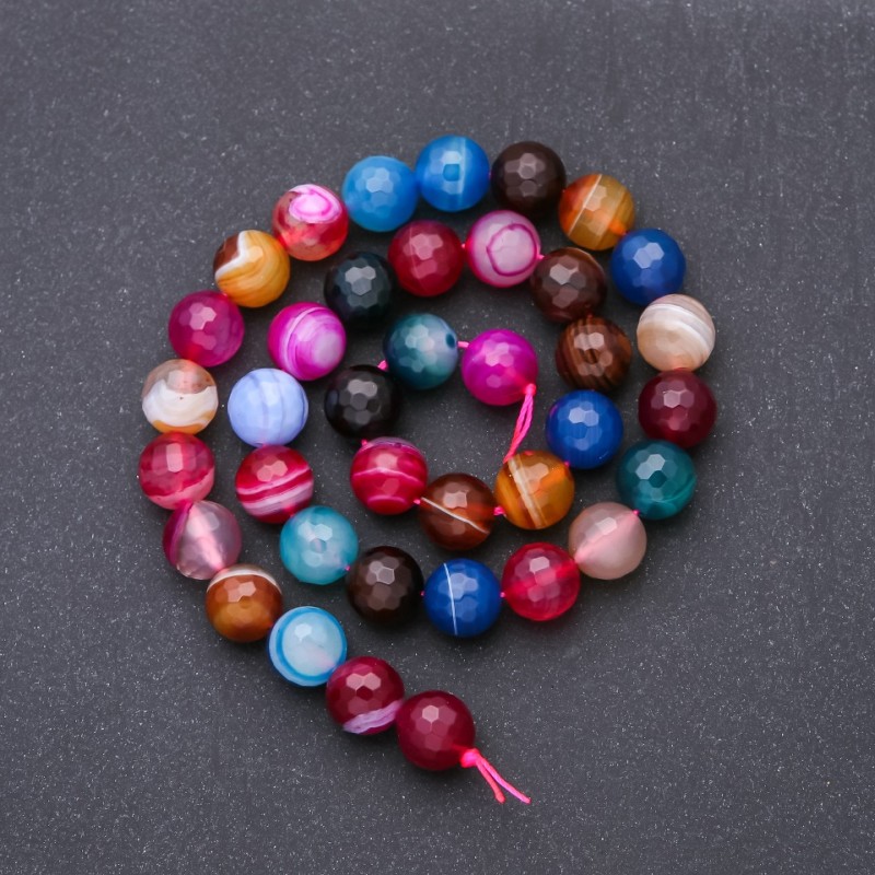 Mărgele din agat multicolor, pe șnur, bilă facetată, diametrul 10 mm, lungime 38 cm