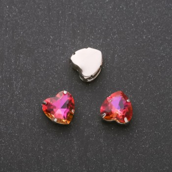 Preț per pachet /10 buc. Cristal cusut în ansă, inimă, 10 mm, culoare zmeură-portocaliu