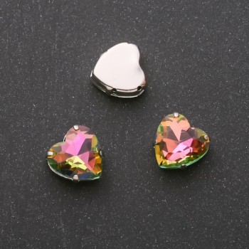 Preț pentru pachet / 10 buc. Cristal cusut cu știft în formă de inimă, 14 mm, verde-mov