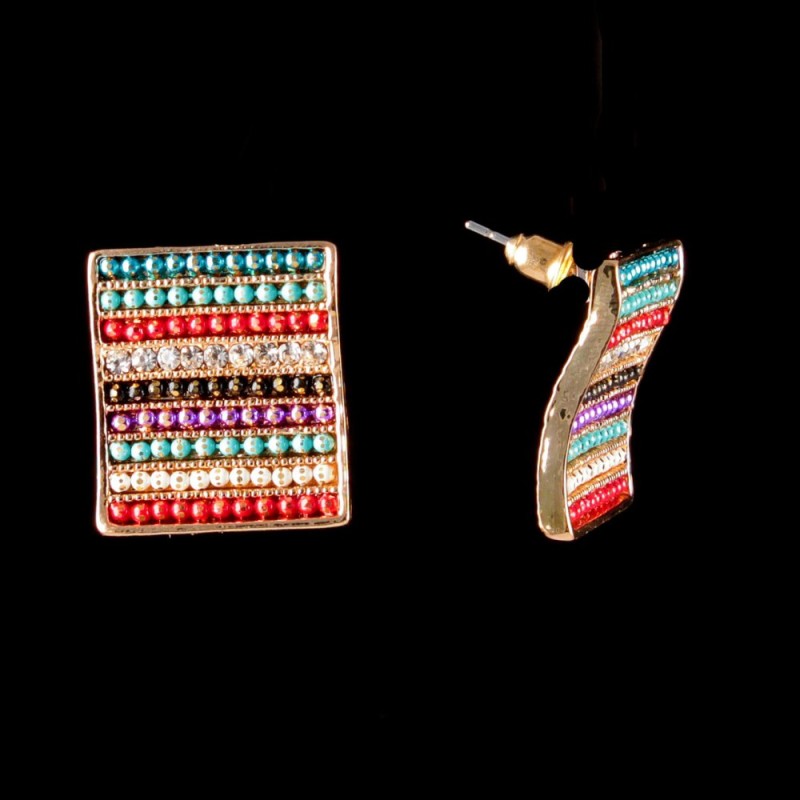 Cercei cu știft pătrați, cristale colorate, metal placat cu aur, 20 mm