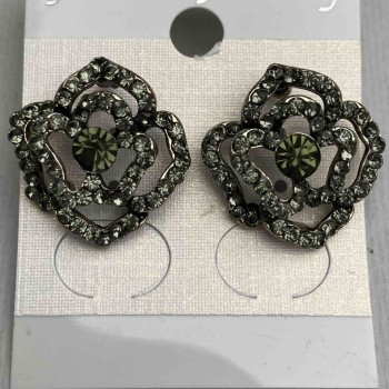 Сережки-пусети Троянди, темні стрази, метал під золото, 20мм