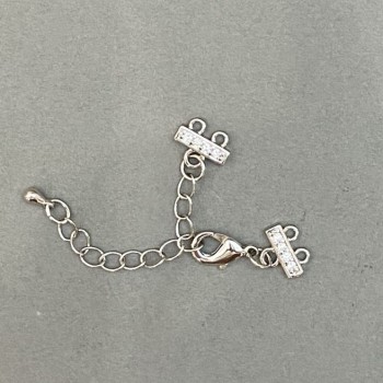 Încuietoare pentru brățări și mărgele pe două fire, cu strasuri și lanț extensor, metal argintiu, diametrul 9×12 mm, lungimea 5 cm