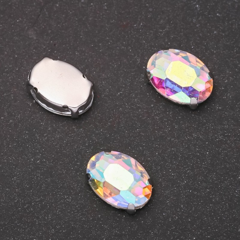 Preț per pachet /10 buc. Cristal cusut în știft, oval, 10x14 mm, curcubeu