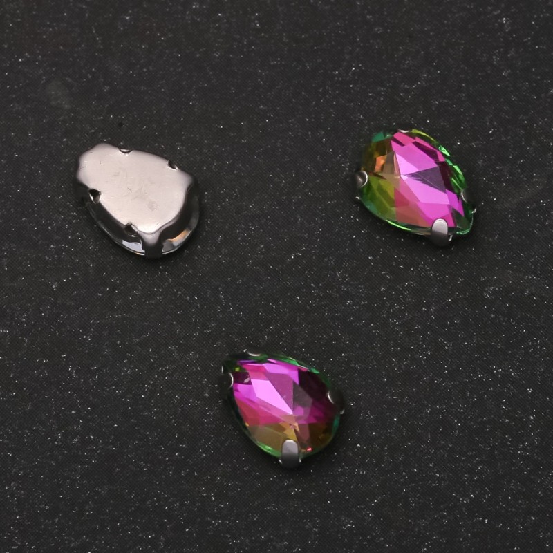 Preț pentru pachet / 10 bucăți. Cristal cusut în formă de picătură, 7×10 mm, verde-roz