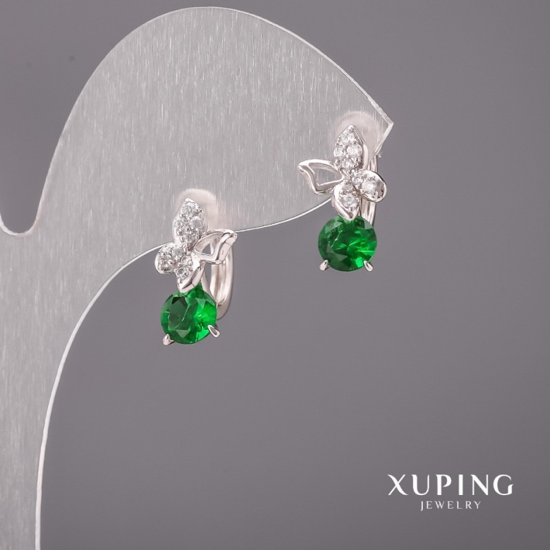 Cercei Xuping «Fluturi» cu pietre verzi, 9x15 mm, Rodiu