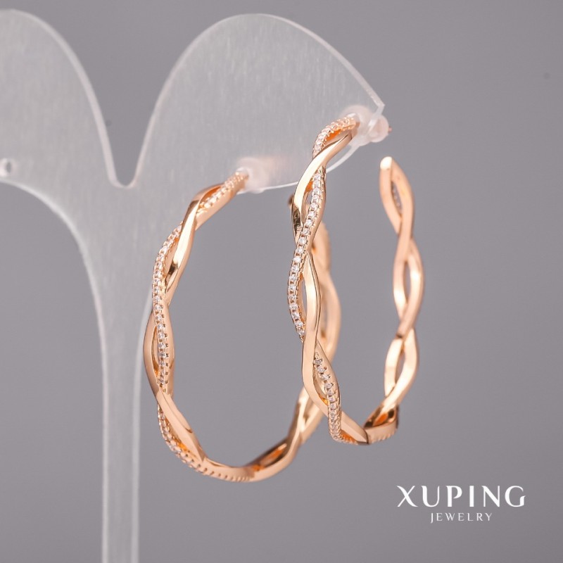 Cercei Xuping, inele cu pietre albe, 4×42 mm, placare cu aur 18K