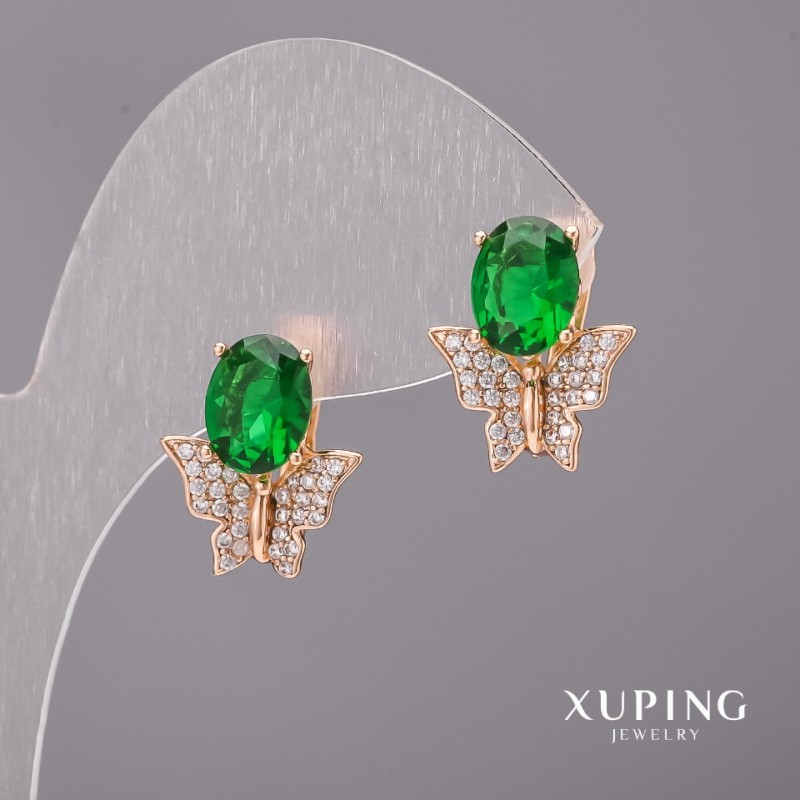 Cercei Xuping cu pietre verzi, 14×17 mm, placare cu aur 18K