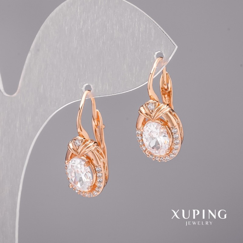 Cercei Xuping cu pietre albe, 10x23 mm, placare aur 18K
