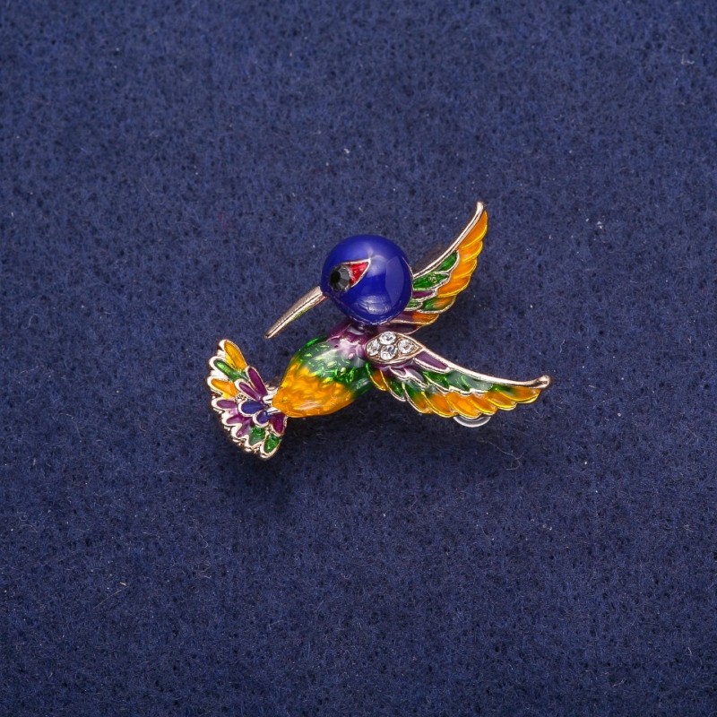 Broșă Colibri emailată cu strasuri, metal auriu 25x35 mm