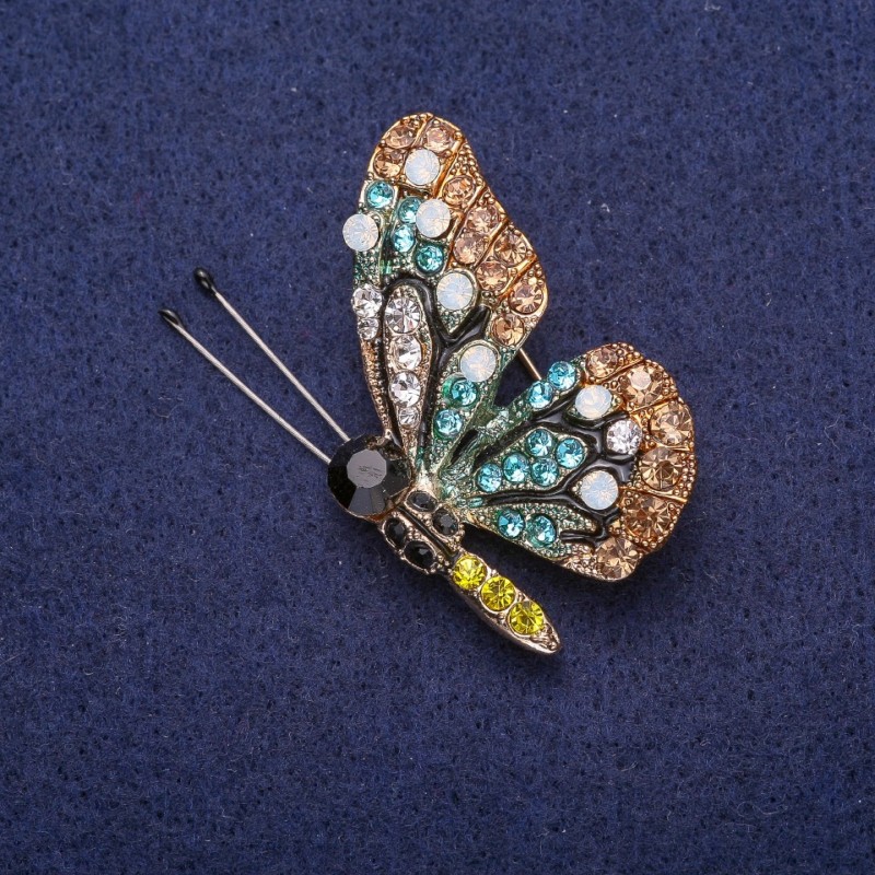 Broșă fluture cu strasuri, metal argintiu 31×41 mm