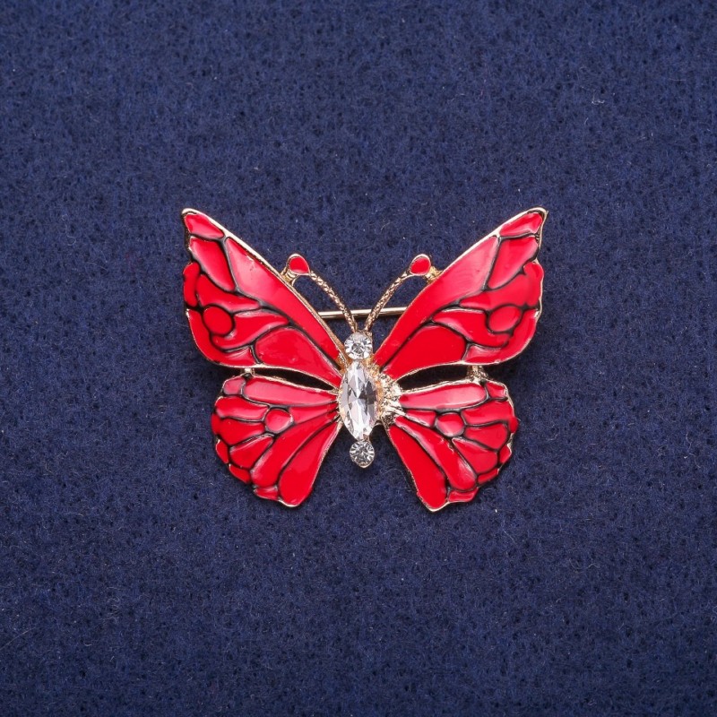 Broșă Fluture email roșu cu cristal, metal auriu 29×37 mm