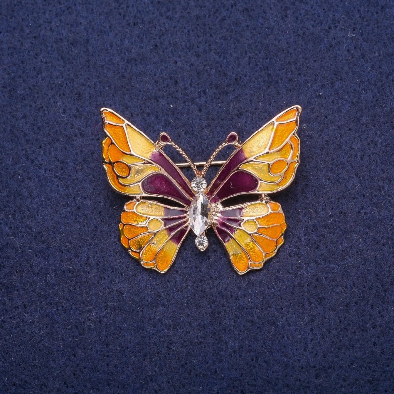 Broșă în formă de fluture, cu email și cristal, metal auriu, 29x37 mm